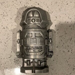 vintage 1974 Banthrico metal robot coin bank. Silver Robot Figurine